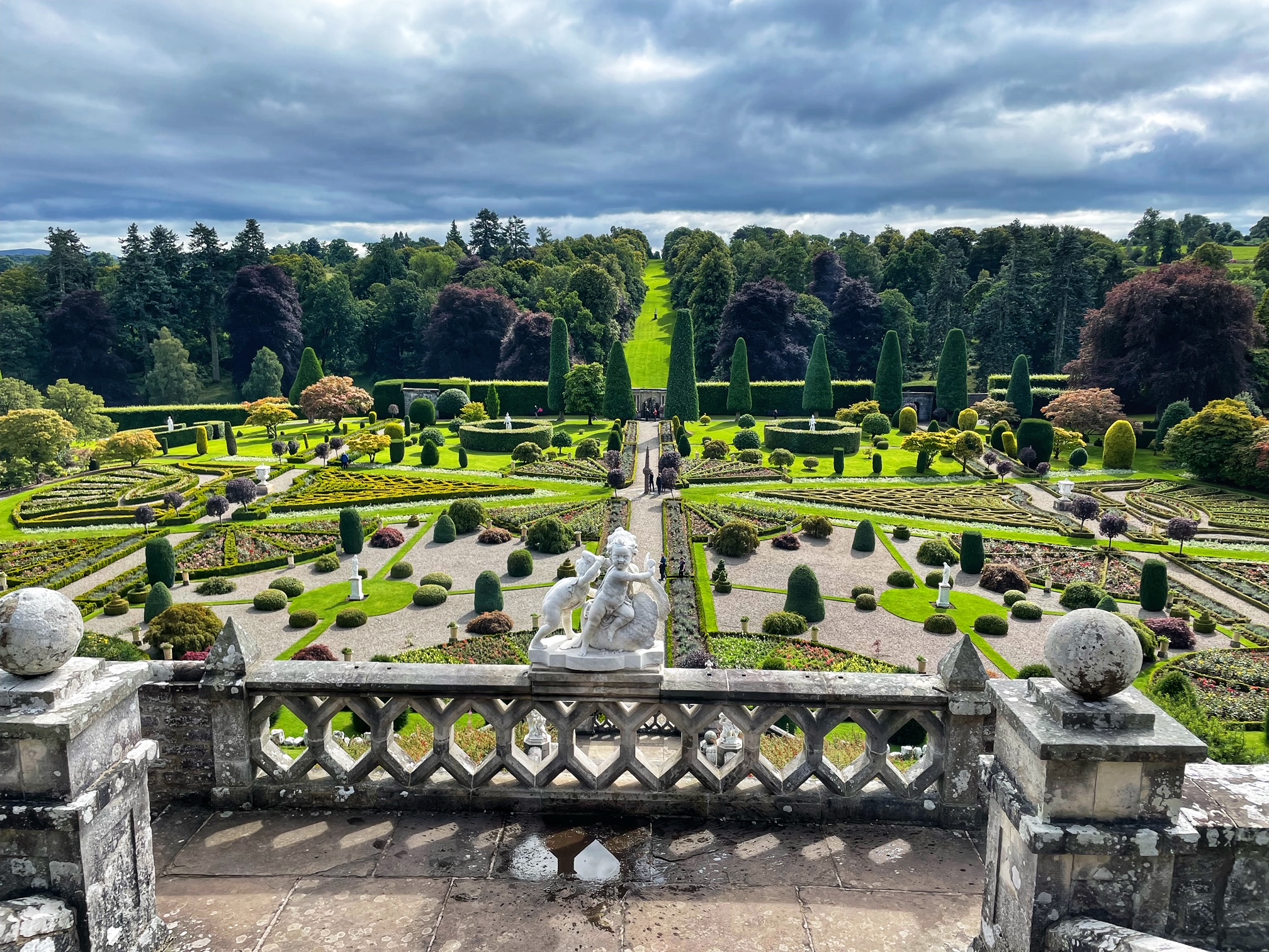 The gardens of Drummond Castle are spectacular. They were filmed in Outlander as a stand in for the Palace of Versailles.